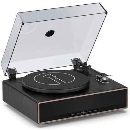 1 by ONE All-in-One Vinyl Plattenspieler – Bluetooth Lautsprecher. Kompaktes, schwarzes Gerät. Spielt Schallplatten und streamt Audio via Bluetooth.