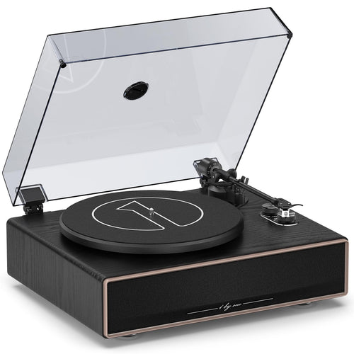 1 by ONE All-in-One Vinyl Plattenspieler – Bluetooth Lautsprecher. Kompaktes, schwarzes Gerät. Spielt Schallplatten und streamt Audio via Bluetooth.