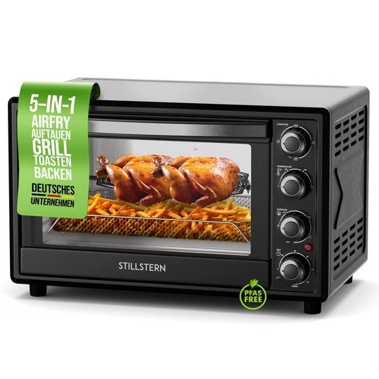 Stillstern CYCLONE PRO+ Minibackofen 35L mit Umluft & Airfryer. Ein kompakter, rechteckiger Ofen zum Backen, Garen und Heißluftfrittieren.