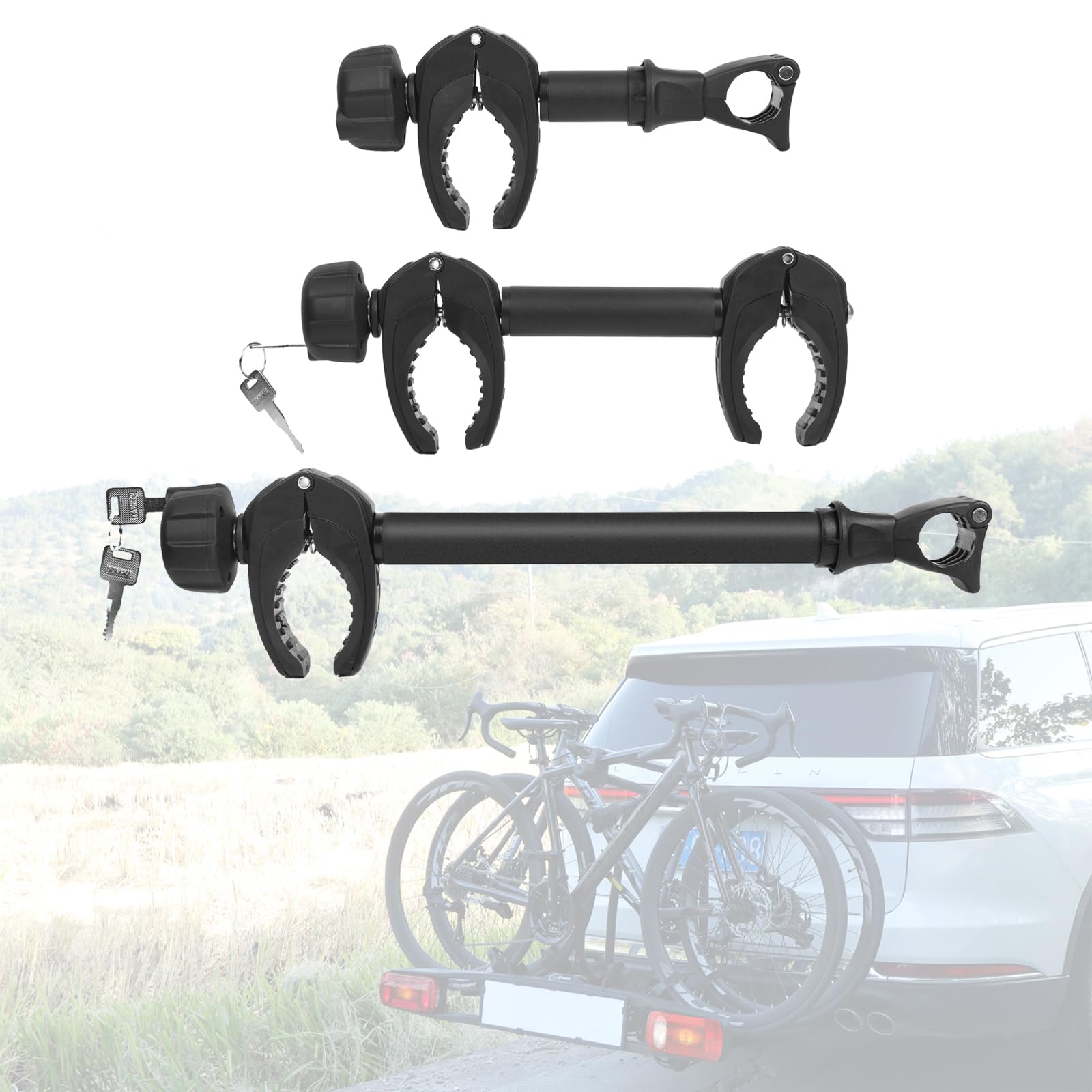 Universal Rahmenhalter Fahrradhalterung – 3er-Set, abschliessbar, 25/32/45cm. Drei Metallhalterungen sichern Fahrradrahmen am Träger.
