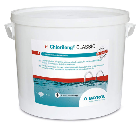 BAYROL e-Chlorilong CLASSIC 200g Chlortabletten - 10 kg: Weiße Chlortabs zur Langzeitdesinfektion von Poolwasser.