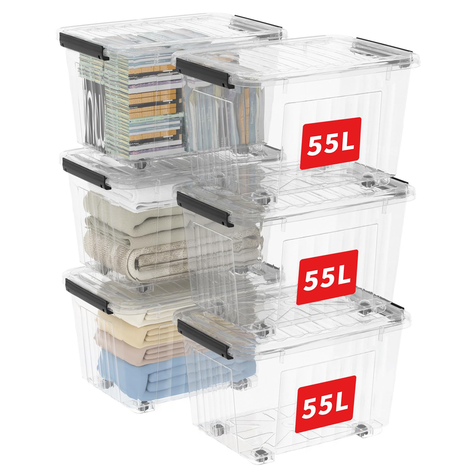 Cetomo C5038 Stapelbare Aufbewahrungsbox Transparent 55L – 6er Set. Rechteckige Boxen zur geordneten Lagerung von Gegenständen.