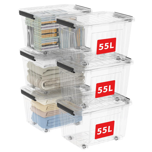 Cetomo C5038 Stapelbare Aufbewahrungsbox Transparent 55L – 6er Set. Rechteckige Boxen zur geordneten Lagerung von Gegenständen.