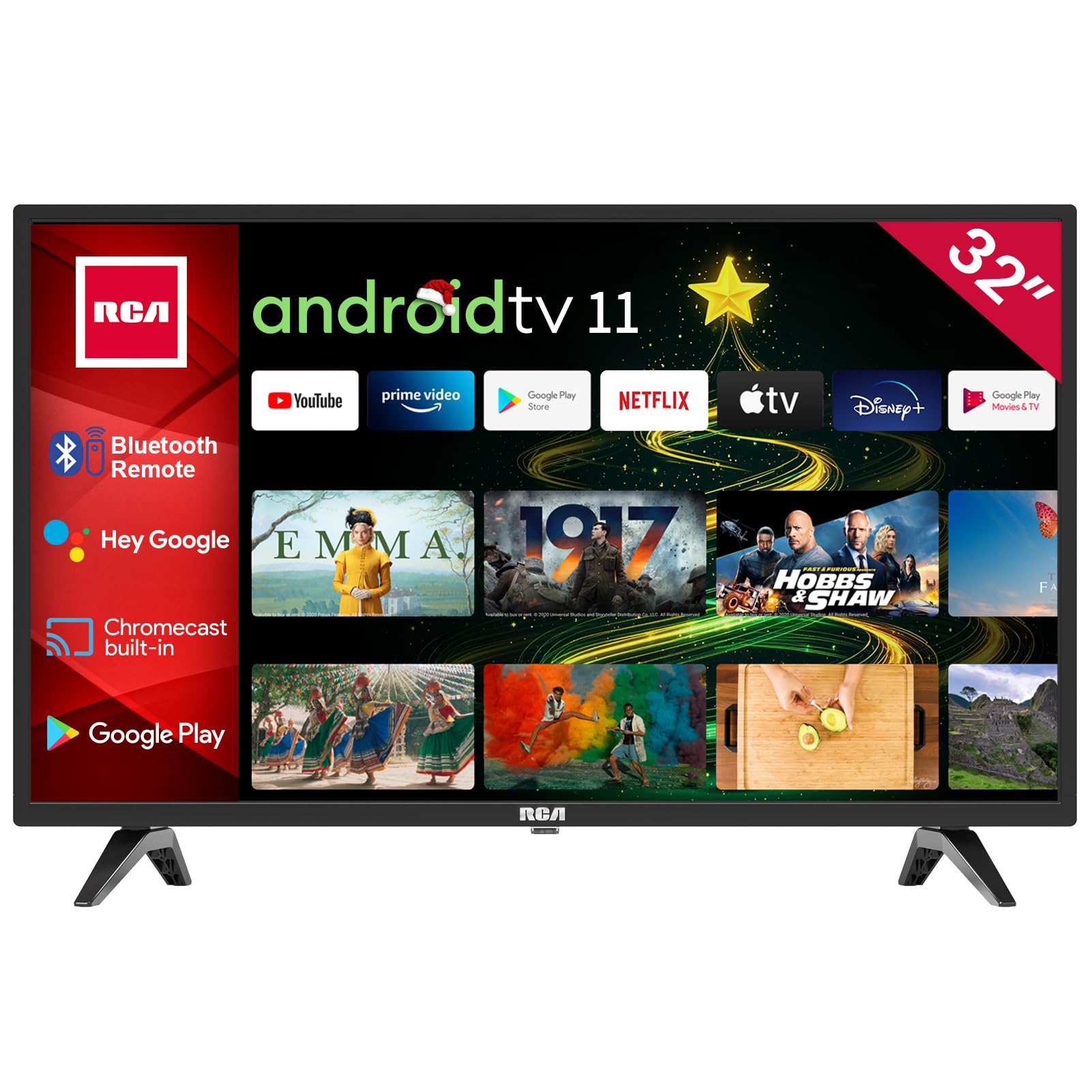 RCA RS32H2 Android Smart TV 32 Zoll, Chromecast, Google Assistant: Schwarzer Bildschirm mit schlankem Rahmen. Für Streaming und Sprachsteuerung.