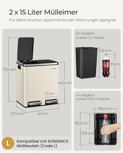 SONGMICS Mülleimer Küche, 2 x 15 Liter, Mülltrennsystem mit Softclose