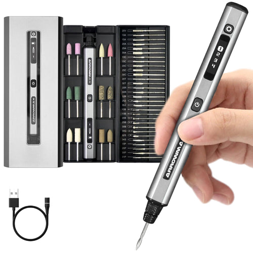 ARROWMAX Mini-Gravierstift SGS, kabelloser Gravurstift mit 42 Bits, Aluminiumgehäuse und OLED-Display