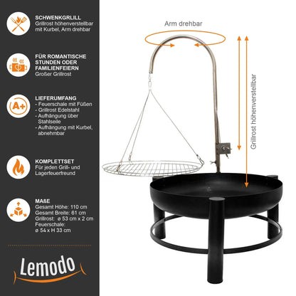 Lemodo Holzkohlegrill - Schwenkgrill mit Kurbel & Feuerschale