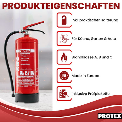 Protex Pulverfeuerlöscher 6 kg ABC Brandklassen mit Halterung
