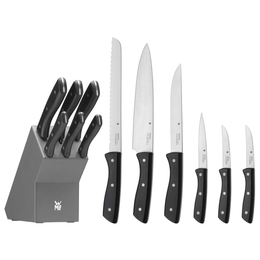 WMF Messerblock Set 7-tlg. – Küchenmesser Holz lackiert. Schwarzer Holzblock mit 6 Messern zum Zerkleinern von Speisen.