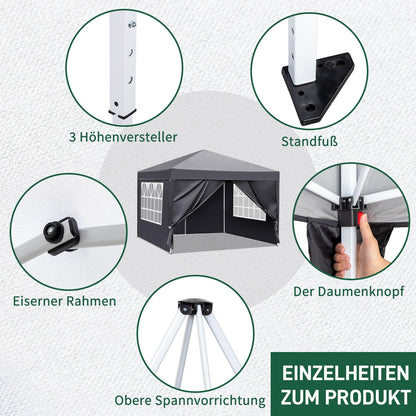 TactFire Faltpavillon 3x3 m wasserdicht mit 4 Seitenteilen, grau