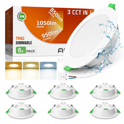 ALUSSO LED Einbaustrahler 230V dimmbar 10W 3CCT IP44 flach, 6er Set – runde, flache Bauform für die Decke