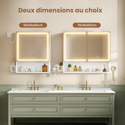 FORABAMB Spiegelschrank mit LED-Beleuchtung, 50 x 16 x 60 cm, weiss