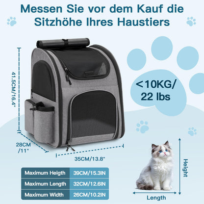 Quirlig Hunderucksack und Katzenrucksack bis 10 kg, faltbar, Grau