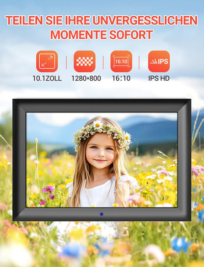 OBVHNUA Digitaler Bilderrahmen 10,1 Zoll IPS Display mit Fernbedienung