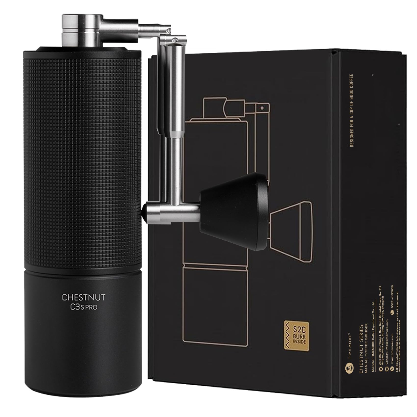 TIMEMORE Chestnut C3S Pro Manuelle Ganzmetall Kaffeemühle – Schwarz. Zylindrisch, schwarz. Zum präzisen Mahlen von Kaffeebohnen.