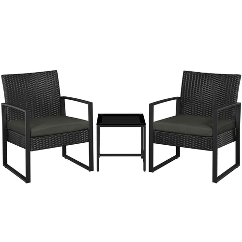 Yaheetech Balkonmöbel Set aus Polyrattan, 3-teilig, 2 Stühle & Tisch in Schwarz-Grau mit Sitzkissen