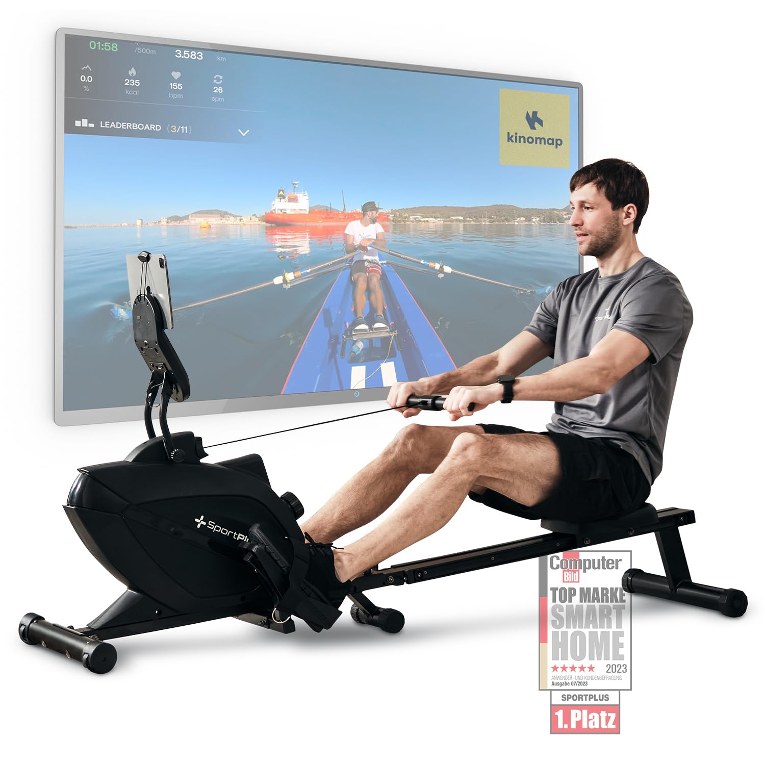 SportPlus Rudergerät Klappbar – extra leiser Magnetwiderstand. Rudergerät mit Schiene, Sitz und Griff. Für Ganzkörpertraining.