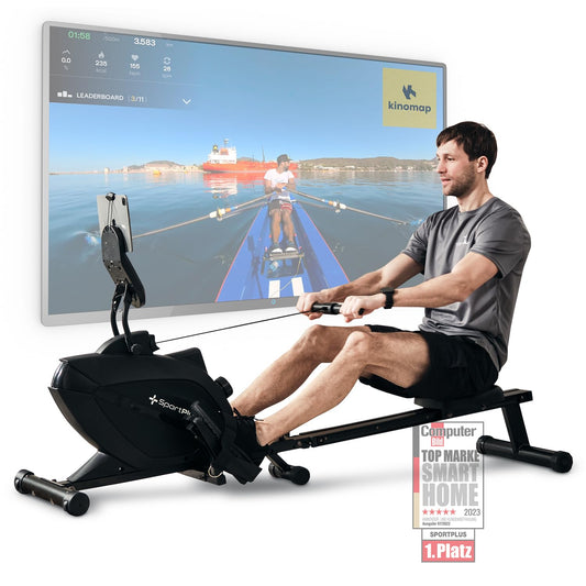 SportPlus Rudergerät Klappbar – extra leiser Magnetwiderstand. Rudergerät mit Schiene, Sitz und Griff. Für Ganzkörpertraining.