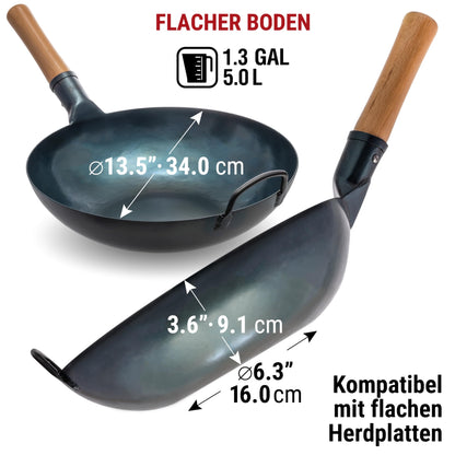 YOSUKATA Voreingebrannter Karbonstahl Wok Pfanne - 34cm Flacher Boden