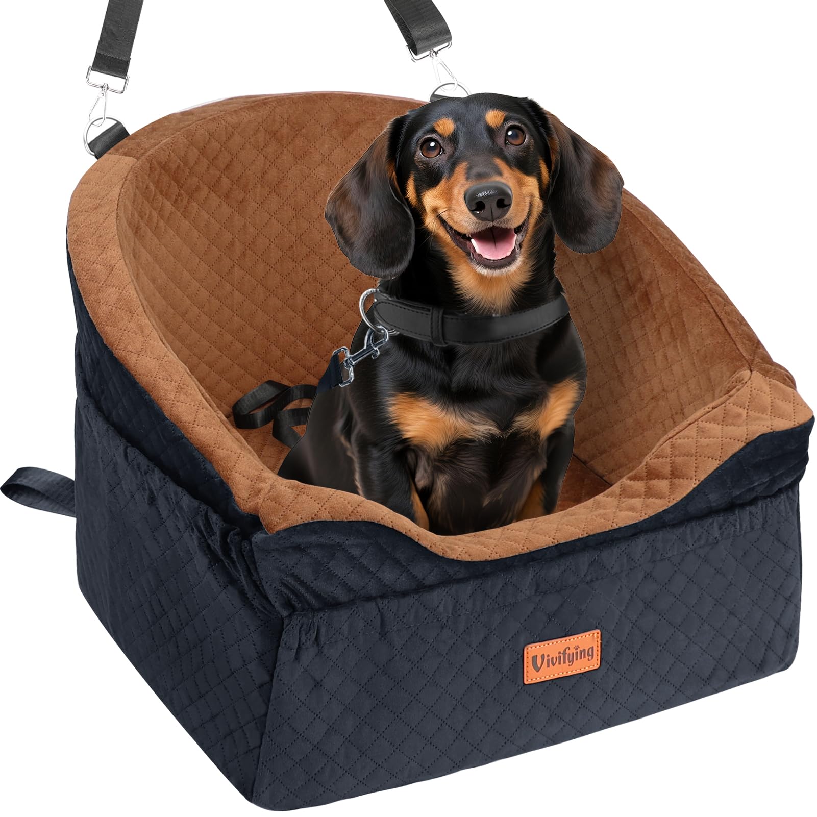 Vivifying Hundeautositz für kleine und mittelgrosse Hunde, braun, gepolsterte Plüsch-Sitzerhöhung mit Sicherheitsgurt