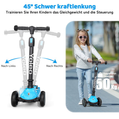 YOLEO Kinderroller Dreiradscooter mit Leuchträdern, faltbar, blau