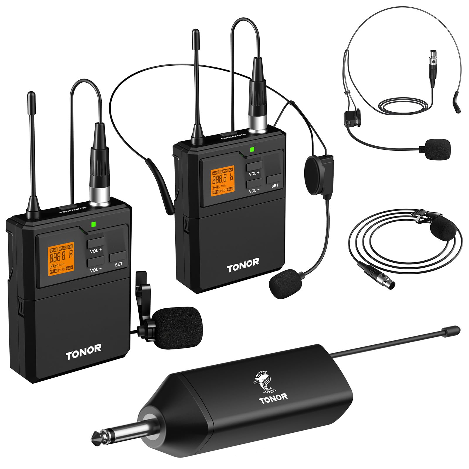 TONOR TW632 UHF Funkmikrofon Set mit Headset und Lavalier Mikrofon, zwei Bodypacks und Empfänger