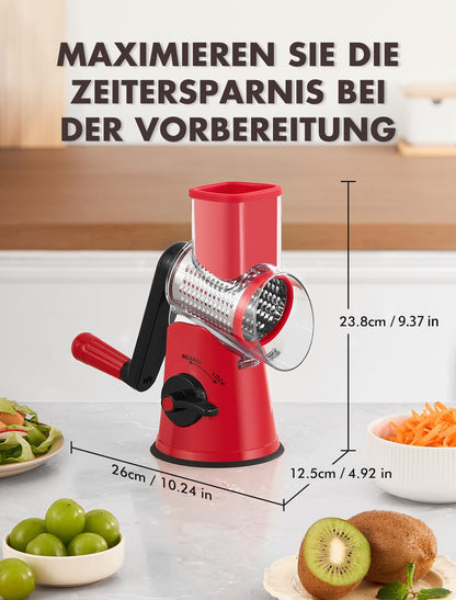 GDL Käsereibe mit Kurbel, Trommelreibe mit 5 Trommelblättern, rot