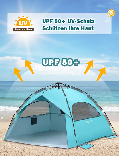 Glymnis Quick Up Strandzelt mit UV-Schutz 50+, blau, für 4-6 Personen
