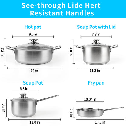 Wodillo Edelstahl Kochtopfset 7-teilig mit Glasdeckeln - Silber