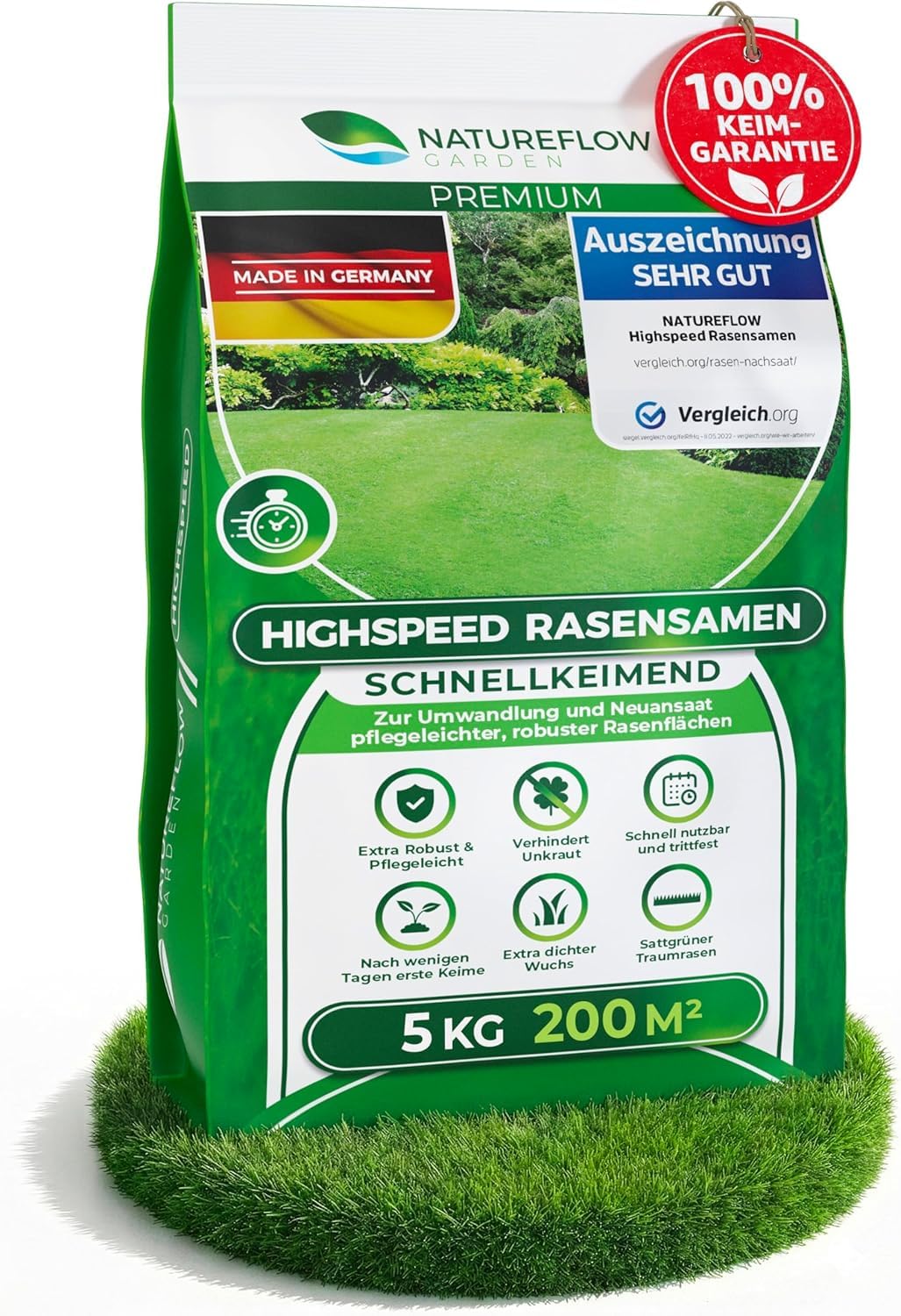 Natureflow Rasensamen schnellkeimend, Nachsaat, 5 kg für 200 m², Grassamenmischung für Sport- und Spielrasen