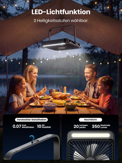 Warmco Akku-Campingventilator D4 mit LED-Lampe, 20000 mAh, leise