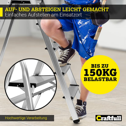 Craftfull Alu Stehleiter CF-133B Klappleiter mit Ablage, 5 Stufen