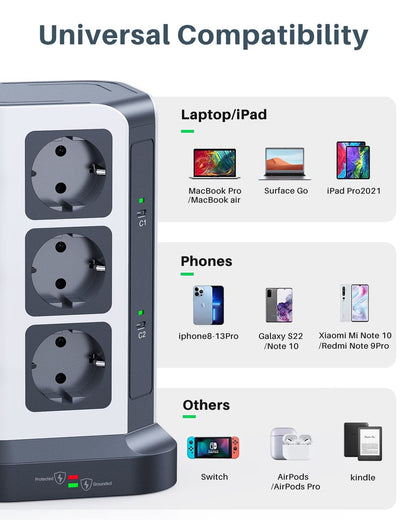 KOOSLA 12-fach Steckdosenturm 65W USB C PD Überspannungsschutz Grau