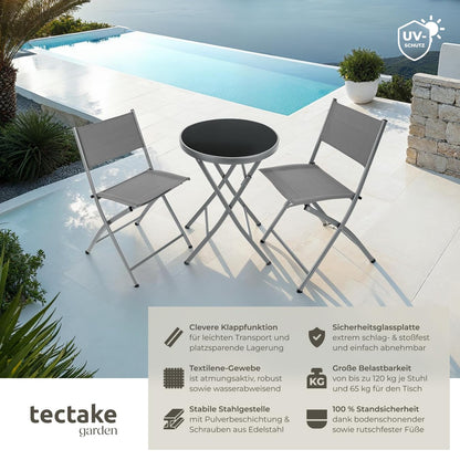 tectake Bistroset 3-teilig: Klapptisch rund und 2 Klappstühle, grau