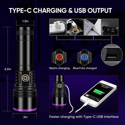 【Upgrade】30W 365nm UV Taschenlampe USB Aufladbar Schwarzlicht Taschenlampe UV Lampe Haustier Urin Detektor für Harzhärtung, Bernstein, Geocaching, Unechte Banknoten, A/C Leck, Heimtierurindetektoren