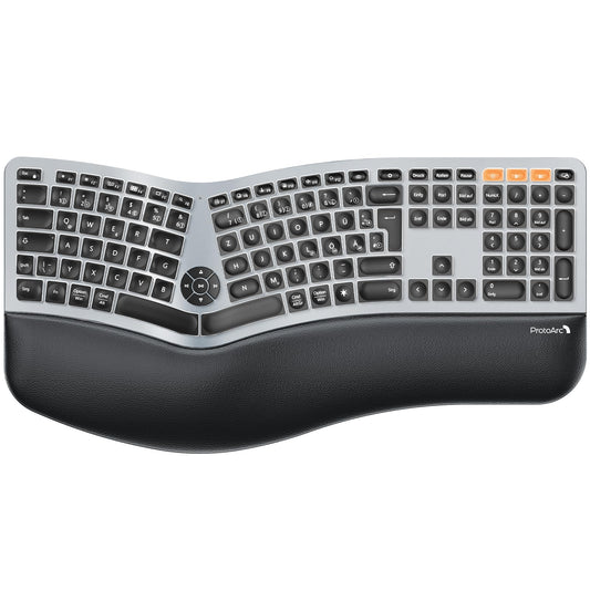 ProtoArc EK01 Plus Ergonomische Split Tastatur Kabellos Beleuchtet. Geteilte, kabellose Tastatur mit Beleuchtung zur Entlastung der Handgelenke bei der Texteingabe.