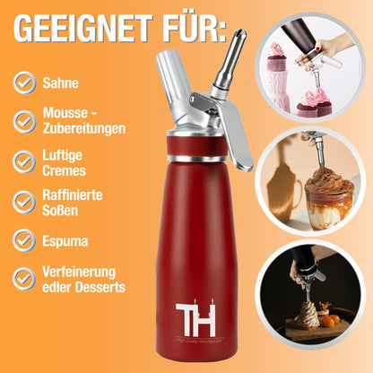 Thiru Sahnespender 500 ml – Sahnesyphon mit 3 Edelstahltüllen, Rot