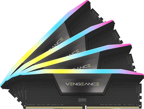 Corsair VENGEANCE RGB DDR5 RAM 64GB 6200MHz CL32 - Schwarz. Schwarzer, rechteckiger Speicherriegel mit RGB-Beleuchtung. Stellt schnellen Arbeitsspeicher für PCs bereit.