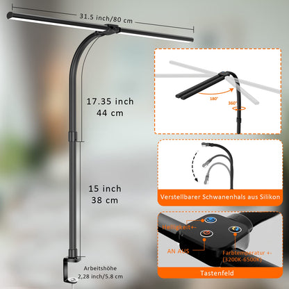 LOTTBUTY Doppelkopf LED-Schreibtischlampe, dimmbar, klemmbar, schwarz