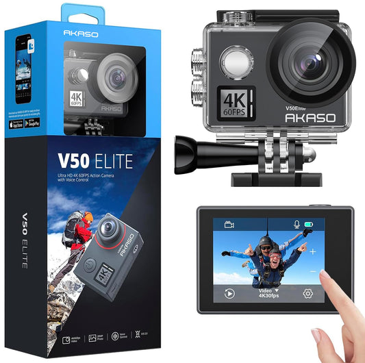 AKASO V50 Elite 4K60FPS Action Cam – Unterwasserkamera. Schwarze, kompakte Kamera für 4K-Videos unter Wasser.