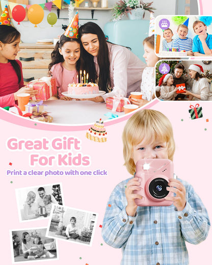 TIATUA Kinderkamera Sofortbildkamera 48 MP mit 32 GB Karte, Rosa