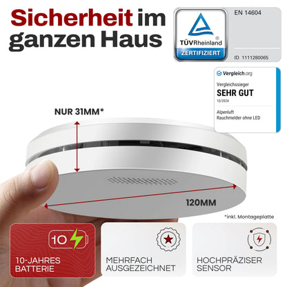 ALPENLUFT Rauchmelder STA-10000 flach mit 10-Jahres-Batterie, 5er Set