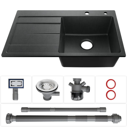 CECIPA Granitspüle 78x45 cm Schwarz - mit Abtropffläche