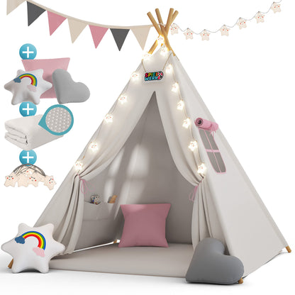 Spielwerk® Tipi Kinderzelt – Set 130x130cm Weiss Grau