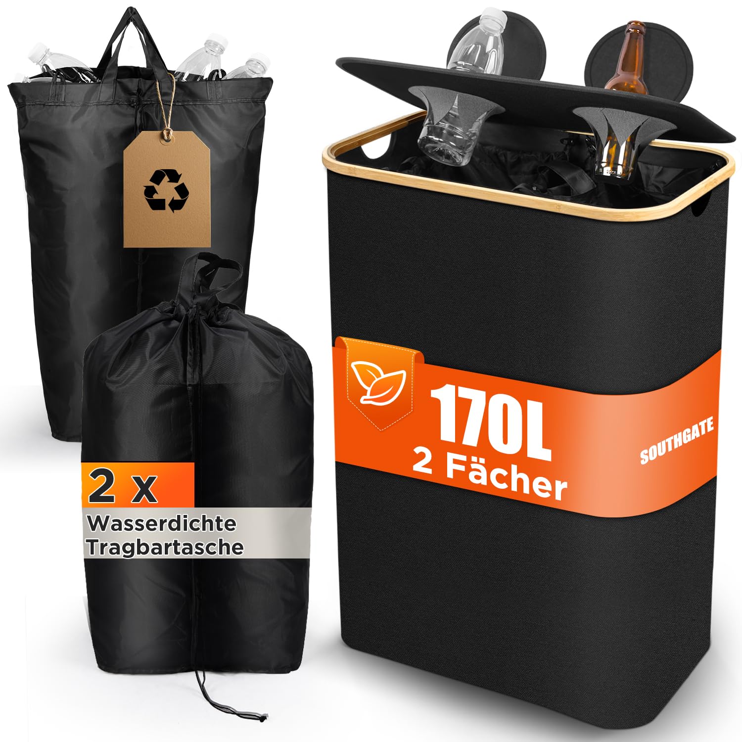 SOUTHGATE Pfandflaschen Sammelbehälter 2 Fächer 170L Schwarz Faltbar. Schwarzer Behälter zur Sammlung und Trennung von Pfandflaschen.