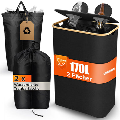 SOUTHGATE Pfandflaschen Sammelbehälter 2 Fächer 170L Schwarz Faltbar. Schwarzer Behälter zur Sammlung und Trennung von Pfandflaschen.