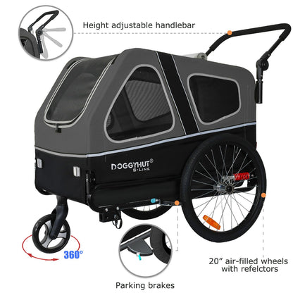 Doggyhut S-Line XL Hundeanhänger Buggy gefedert - Grau/Schwarz