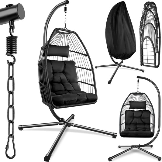 tectake® Hängesessel mit Gestell Indoor/Outdoor – Schwarz. Korbförmige Sitzschale auf Gestell flexibel nutzbar.