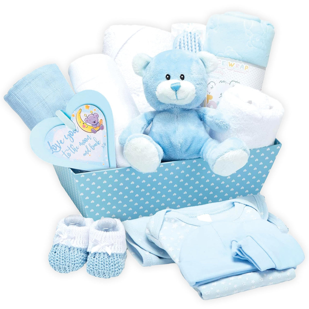 Baby Box Shop Baby-Geschenkset Junge, 14 Geschenke zur Geburt – Box mit blauem Plüschteddy und Babytextilien