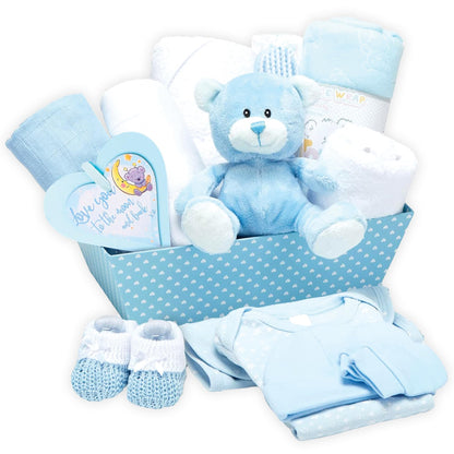 Baby Box Shop Baby-Geschenkset Junge, 14 Geschenke zur Geburt – Box mit blauem Plüschteddy und Babytextilien